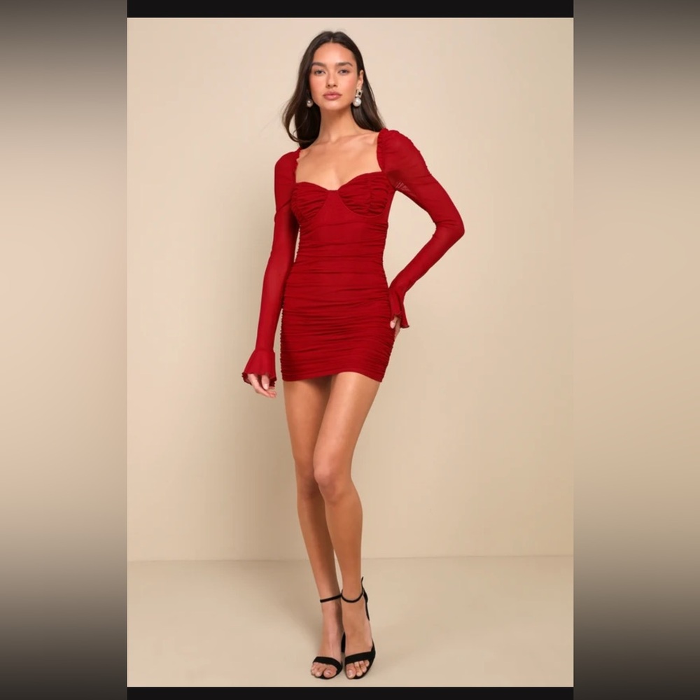 Fascinating Beauty Dark Red Mesh Ruched Bustier Mini Dress
